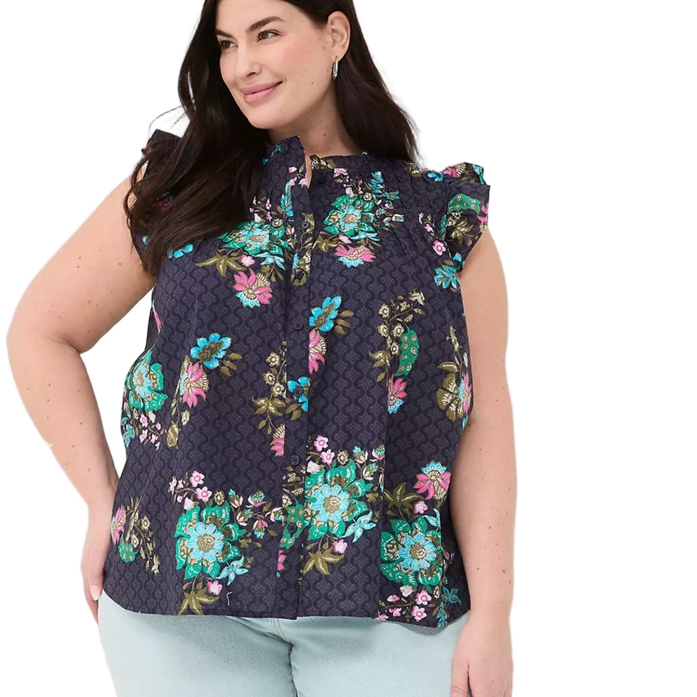🍒Lane Bryant women’s Navy Floral Blouse with Ruffle Sleeves size 14 GUC..